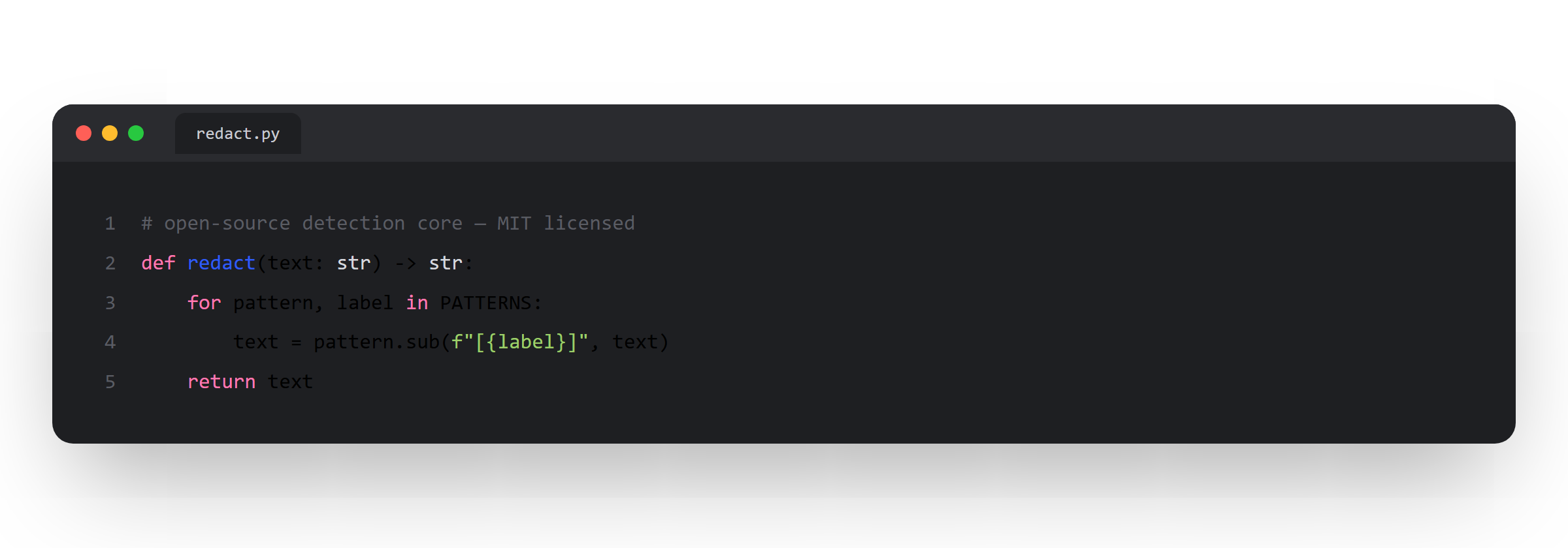 A short Python code snippet from the open-source redaction engine, redact.py