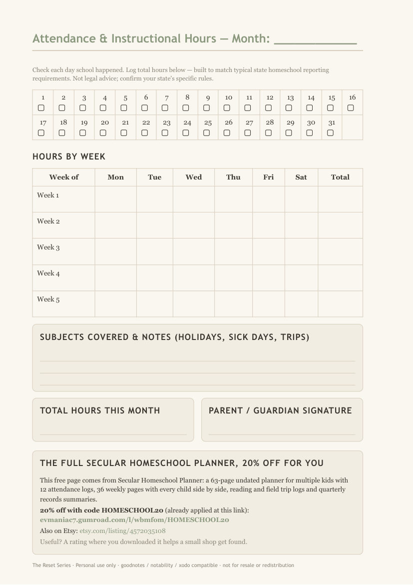 Preview of the free one-month homeschool attendance log with a box for each day, weekly hours table and signature line