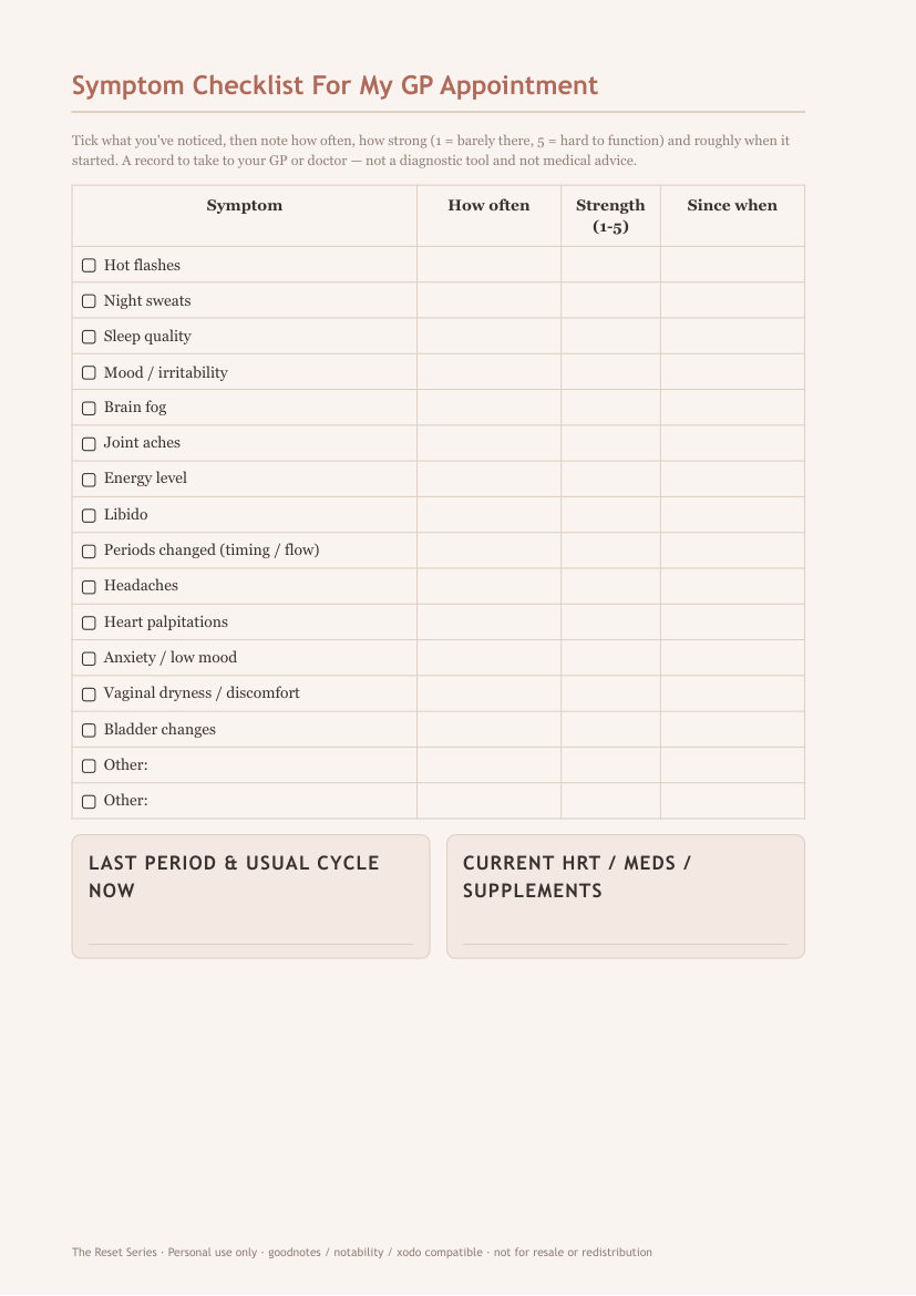 Preview of a free printable symptom checklist page