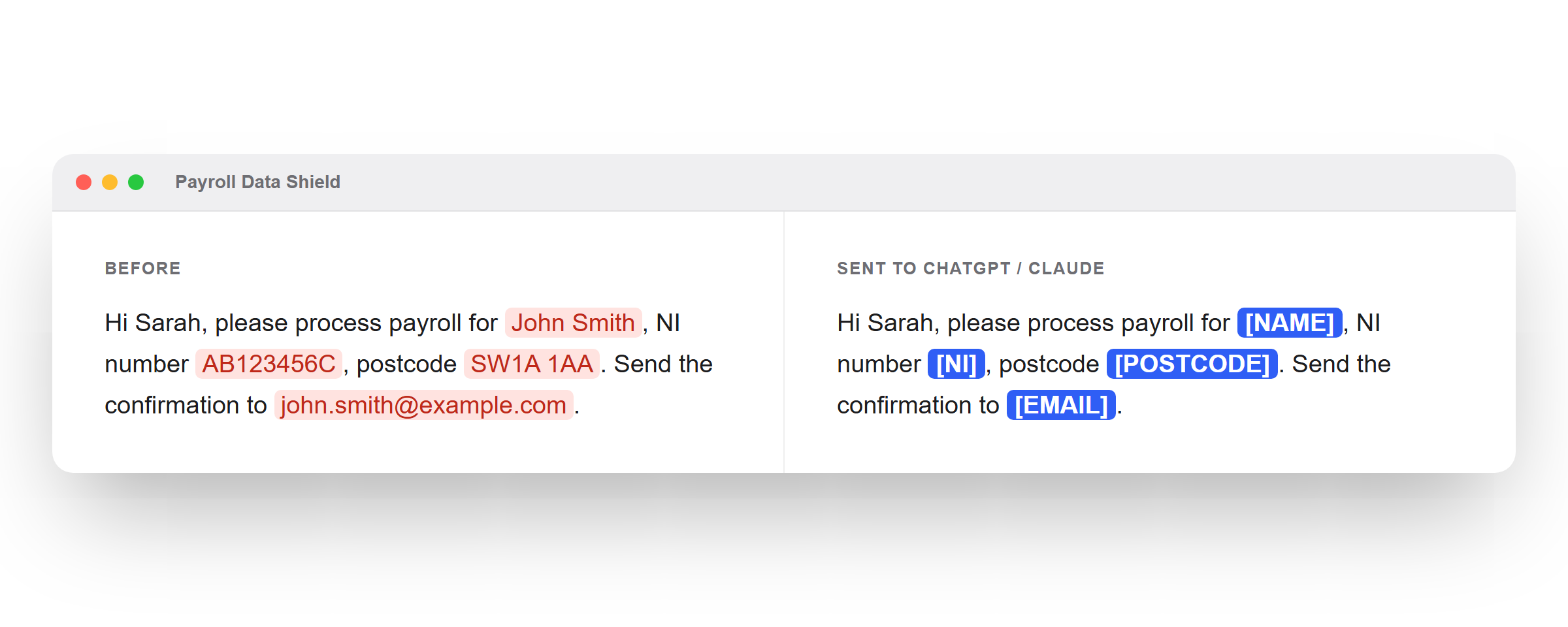 Payroll Data Shield showing raw text on the left and the redacted version sent to ChatGPT or Claude on the right