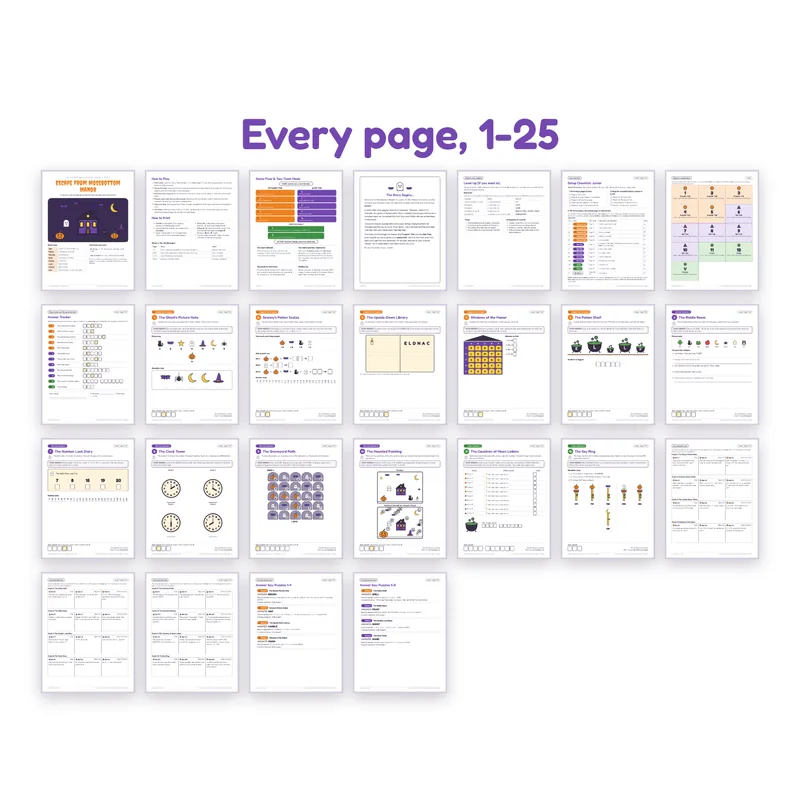 Thumbnails of the escape room's puzzle pages, hint cards and envelope labels