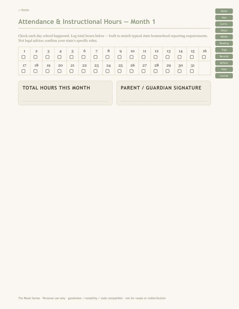The monthly homeschool attendance and hours page